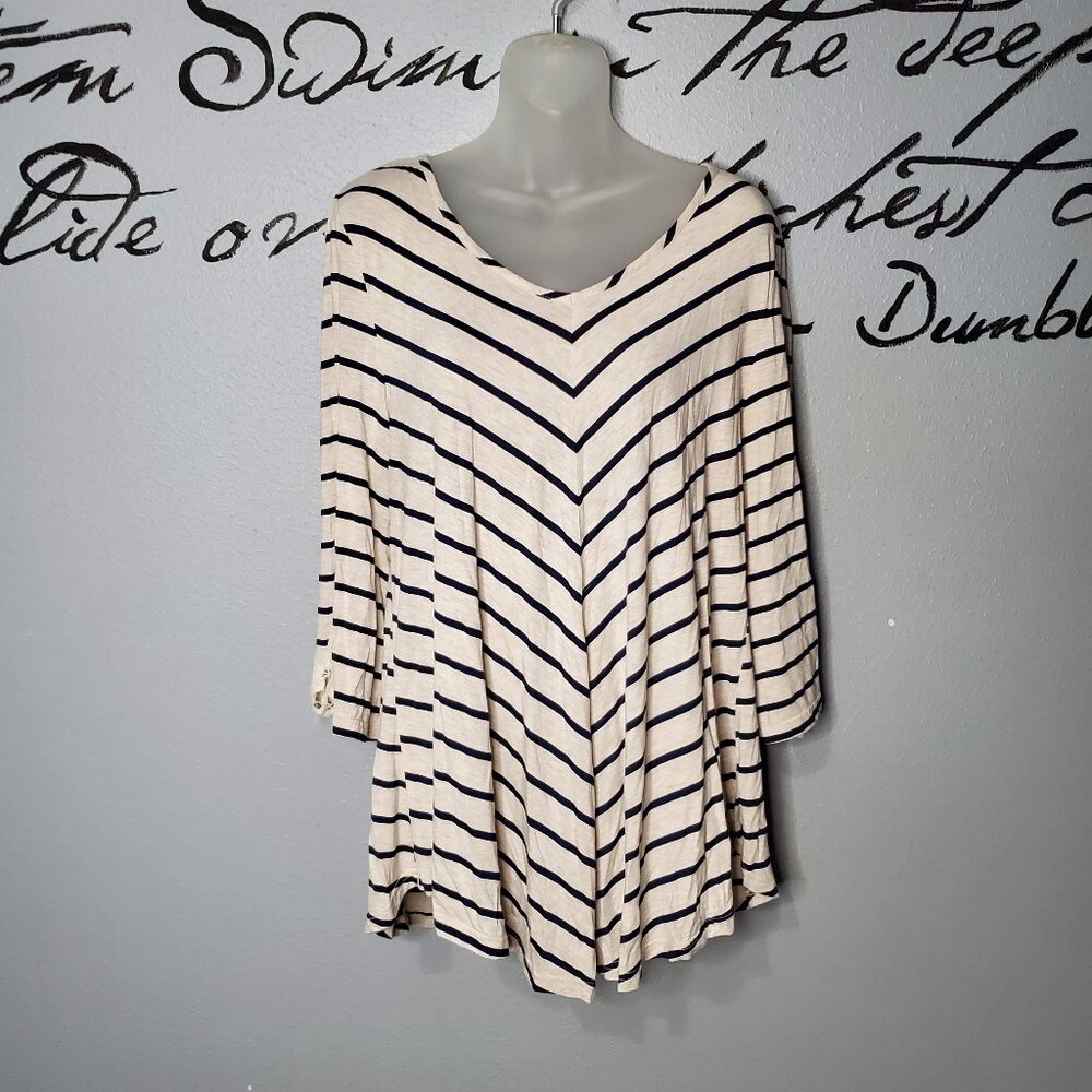 Fringe Benefits Navy & Cream Striped Flared Crochet Sleeve Top, 1X